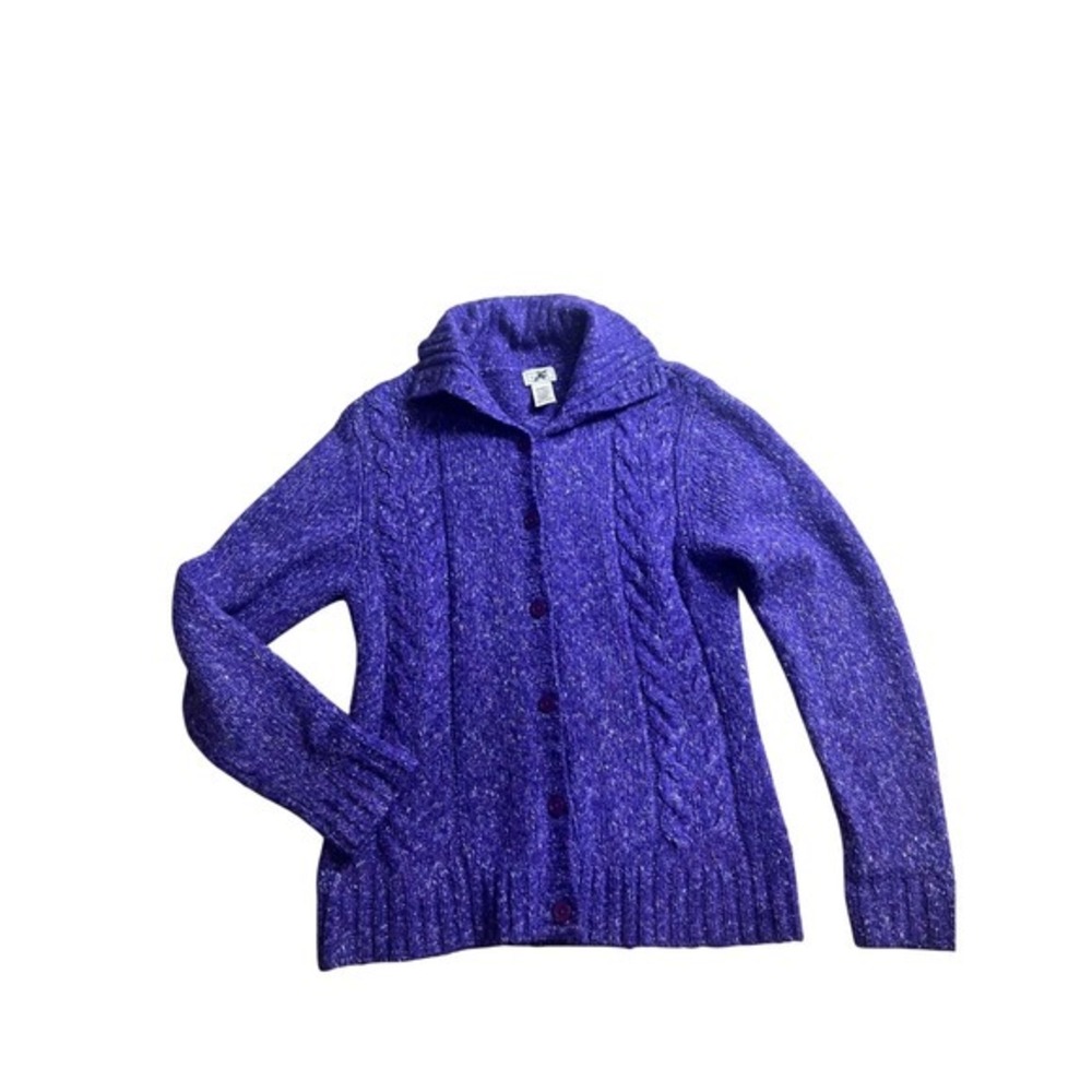 L.L.‎ Bean Cardigan Sweater Womens M Heathered Purple Wool Blend Shawl Collar